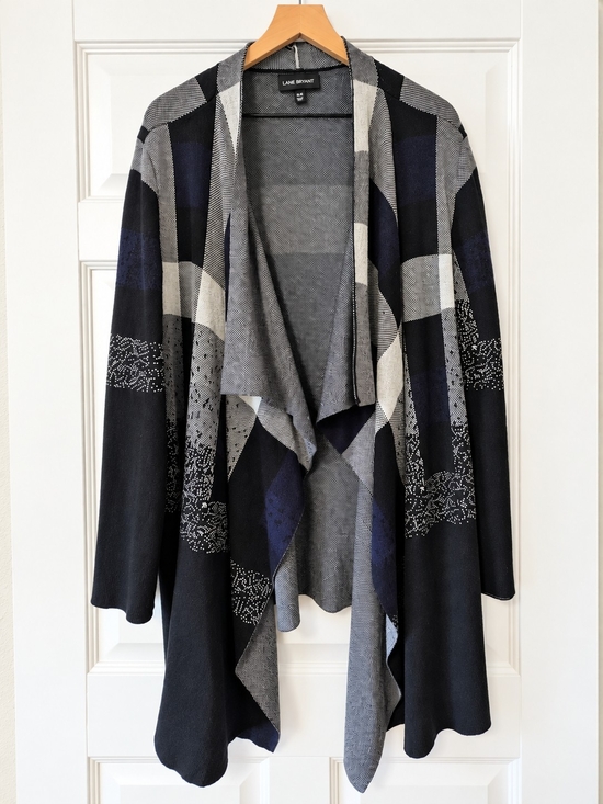 Lane Bryant Sweaters - Lane Bryant Black Navy & Gray Draped Open-Front Cotton Blend Sweater